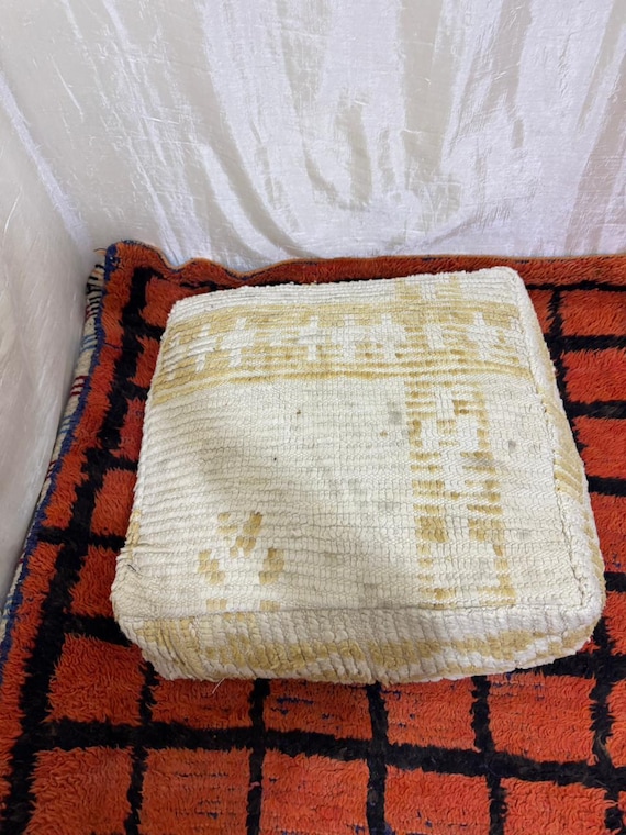 Vintage Moroccan Floor Pouf ;Handwoven Berber Cushion from Boujad Rug ;Boho Tribal Ottoman"