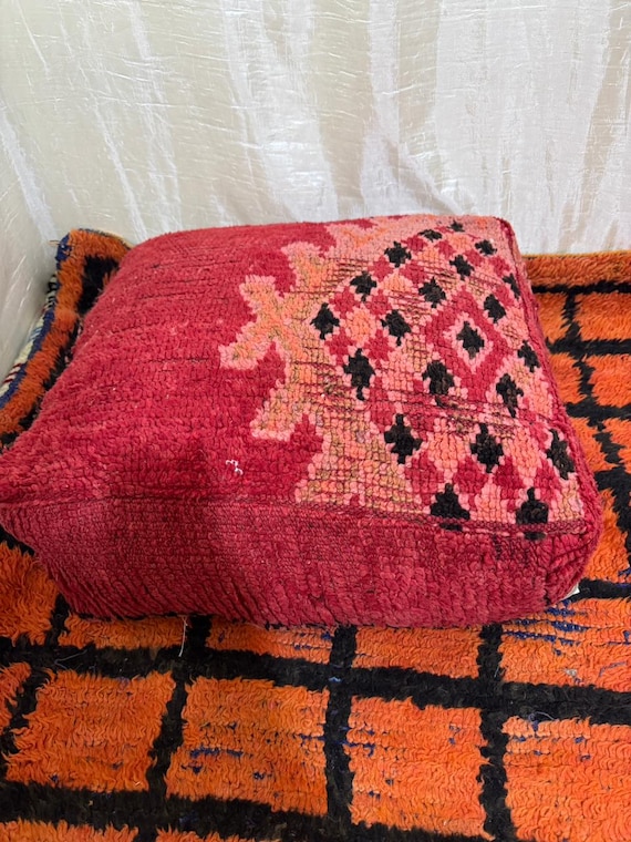 Vintage Moroccan Floor Pouf ;Handwoven Berber Cushion from Boujad Rug ;Boho Tribal Ottoman"