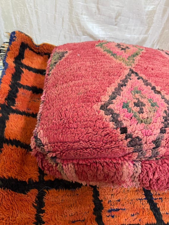 Vintage Moroccan Floor Pouf ;Handwoven Berber Cushion from Boujad Rug ;Boho Tribal Ottoman"