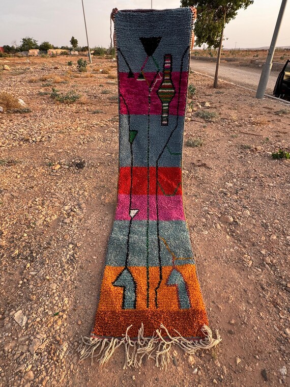 Colorful Moroccan Runner Rug – Handwoven Wool with Green, Orange, and Earthy Tones – Vibrant Hallway or Entryway Decor