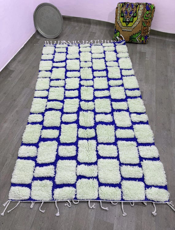 Blue Beni Ourain Rug;Handmade Moroccan Wool Carpet;Customs Size