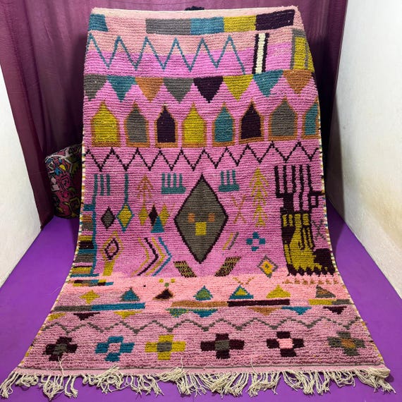 Hand-Knotted Beni Ourain Rug; Colorful Berber Carpet