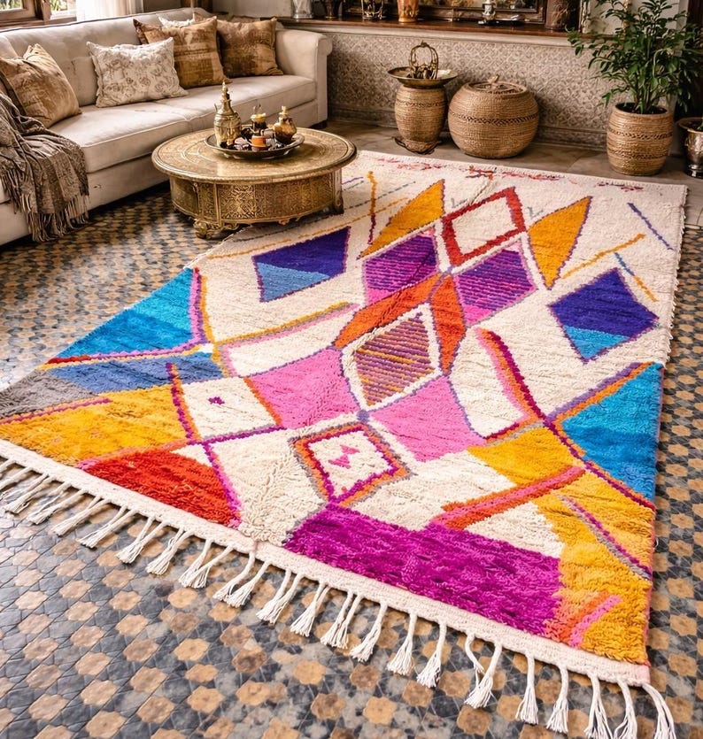 May include: A colorful, geometric patterned rug with a cream-colored background. The rug features a variety of shapes in shades of blue, pink, orange, yellow, and purple. The rug has a fringe along the bottom edge. This rug is perfect for a living room.
