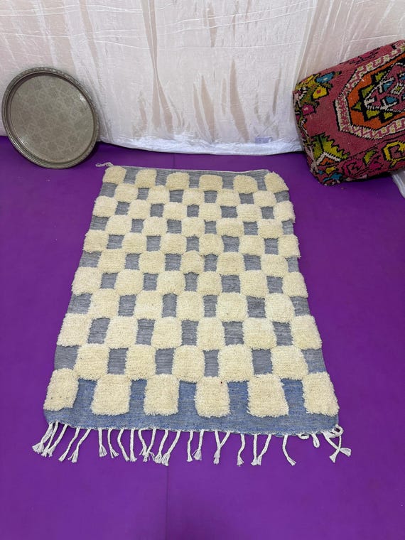 Modern Moroccan Handwoven Rug – Cream & Gray Checkerboard Pattern – Soft Wool Texture, Minimalist Berber Design