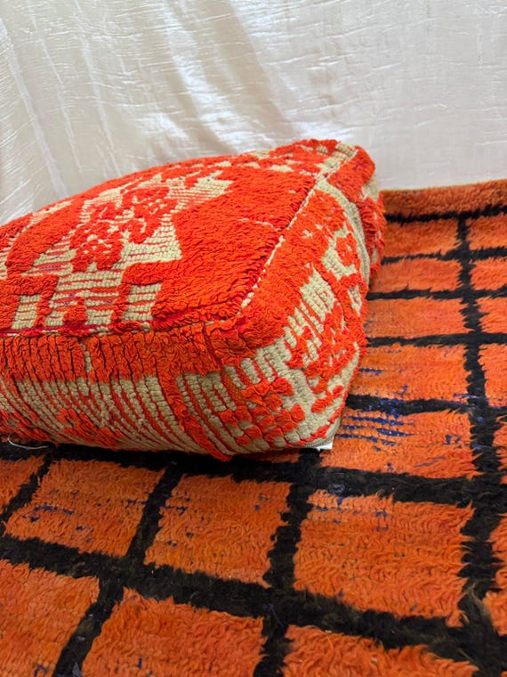 Vintage Moroccan Floor Pouf ;Handwoven Berber Cushion from Boujad Rug ;Boho Tribal Ottoman"