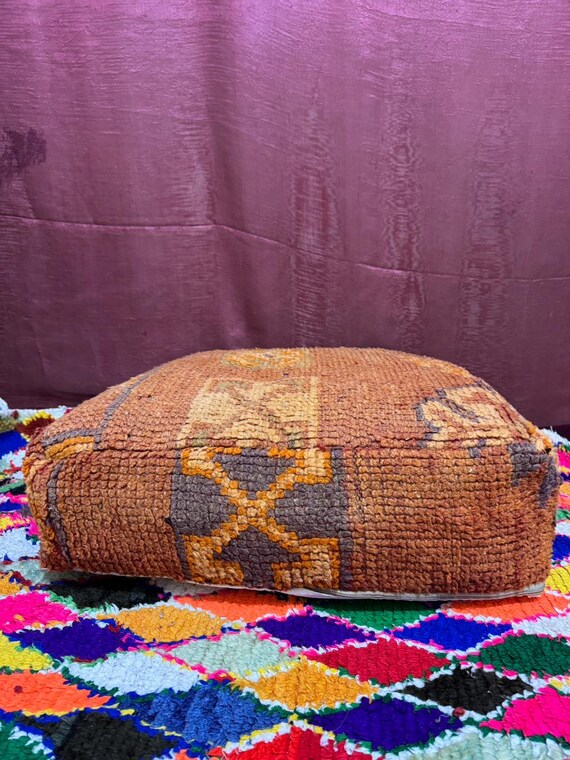 Vintage Moroccan Floor Pouf;Red Wool Berber Kilim Cushion