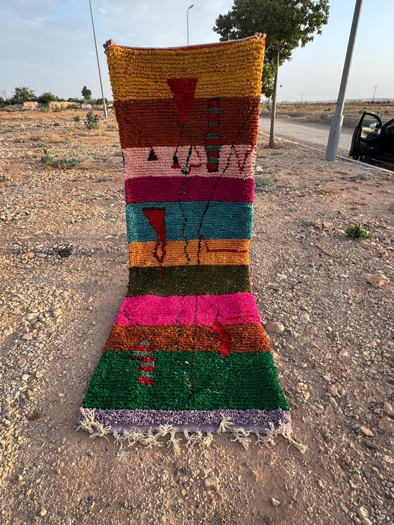 Colorful Moroccan Runner Rug – Handwoven Wool with Green, Orange, and Earthy Tones – Vibrant Hallway or Entryway Decor
