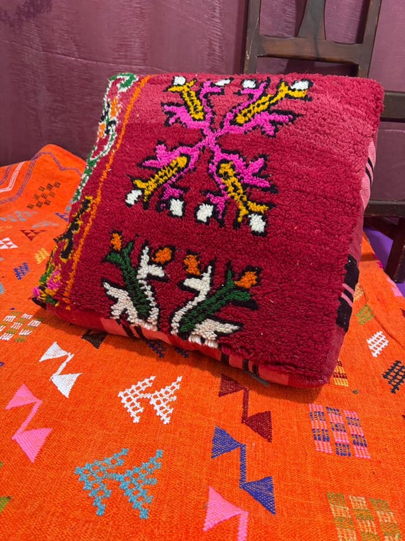 Handmade Moroccan Wool Pouf: Vintage Berber Ottoman Pillow