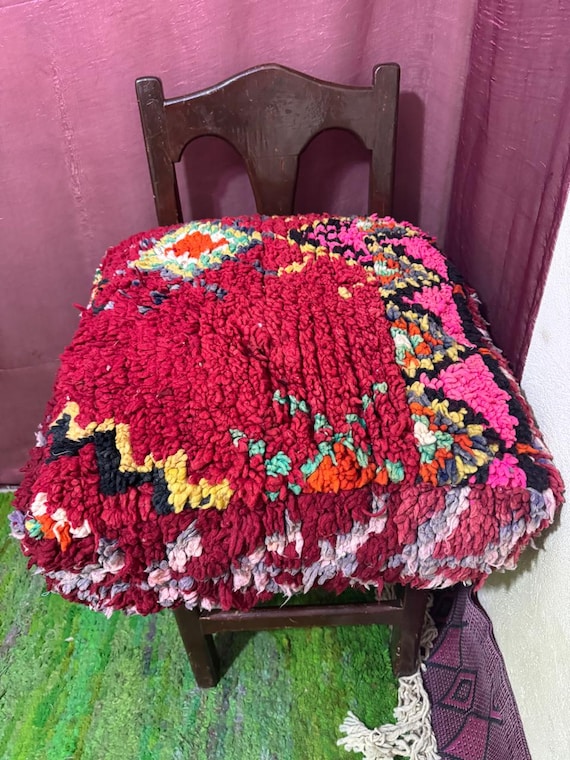Vintage Moroccan Floor Pouf ;Handwoven Berber Cushion from Boujad Rug ;Boho Tribal Ottoman"