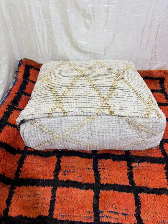 Vintage Moroccan Floor Pouf ;Handwoven Berber Cushion from Boujad Rug ;Boho Tribal Ottoman"