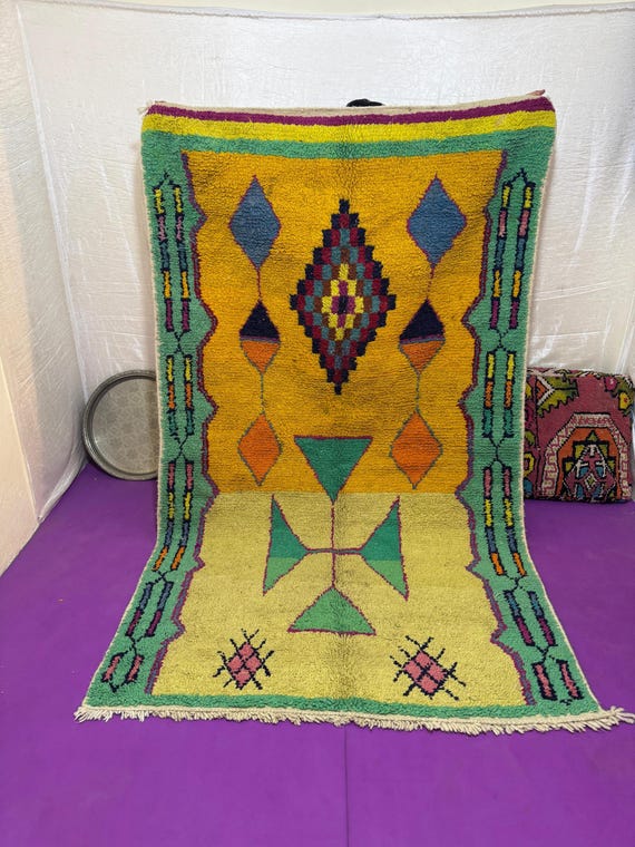 Vintage Moroccan Rug – Bright Berber Symbols on Mustard & Lime Green Base | Boho Handmade Wool Deco