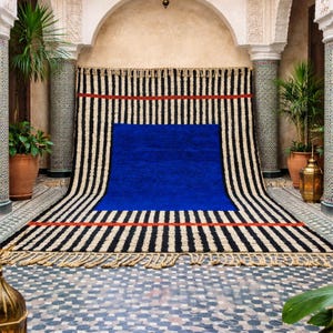 Cobalt Blue Moroccan Rug | Ivory White Wavy Beni ourain Rug | Handmade Striped Area Rug | Custom Berber Wool Rug
