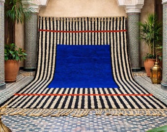 Cobalt Blue Moroccan Rug | Ivory White Wavy Beni ourain Rug | Handmade Striped Area Rug | Custom Berber Wool Rug