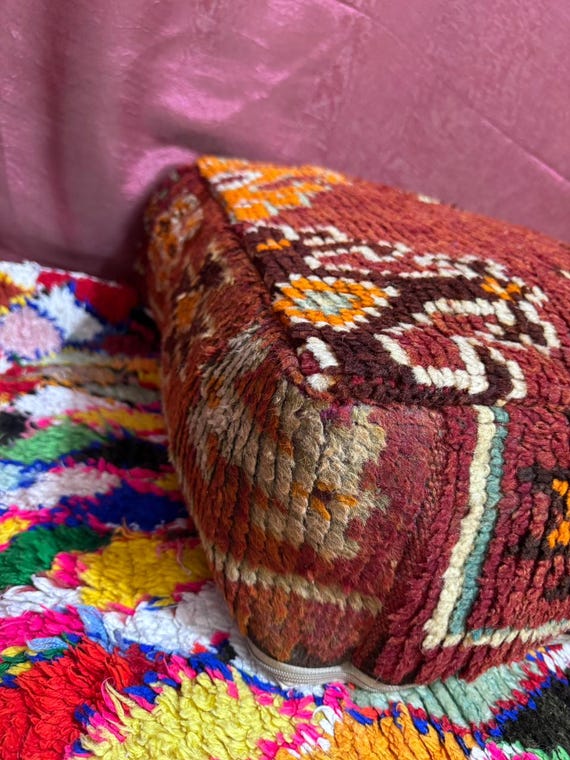 Vintage Moroccan Floor Pouf ;Handwoven Berber Cushion from Boujad Rug ;Boho Tribal Ottoman"