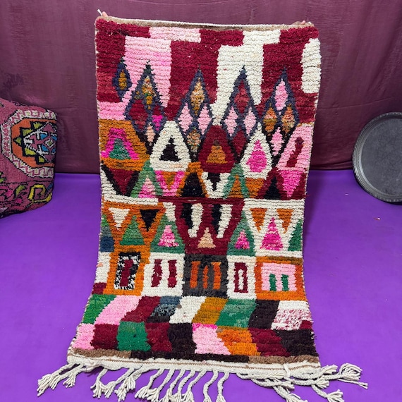Hand-Knotted Moroccan Berber Rug;Colorful Wool Area Rug