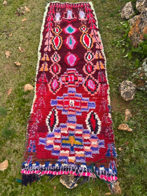 Moroccan Boucherouite Rug – Handmade Berber Tribal Carpet, Colorful Amazigh Design, Boho Statement Runner