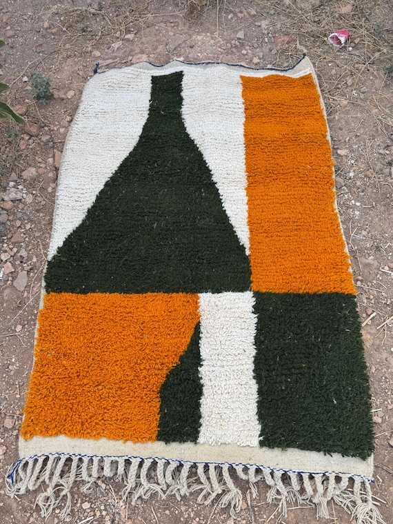 Modern Abstract Moroccan Rug – Olive Green, Orange & Cream Geometric Design | Handmade Wool Art Piece