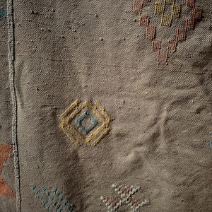 May include: Close-up of a woven textile with a brown background. The textile features geometric patterns in shades of yellow, orange, blue, and white. The patterns include diamond and star shapes, adding visual interest to the fabric. The texture of the fabric is visible.