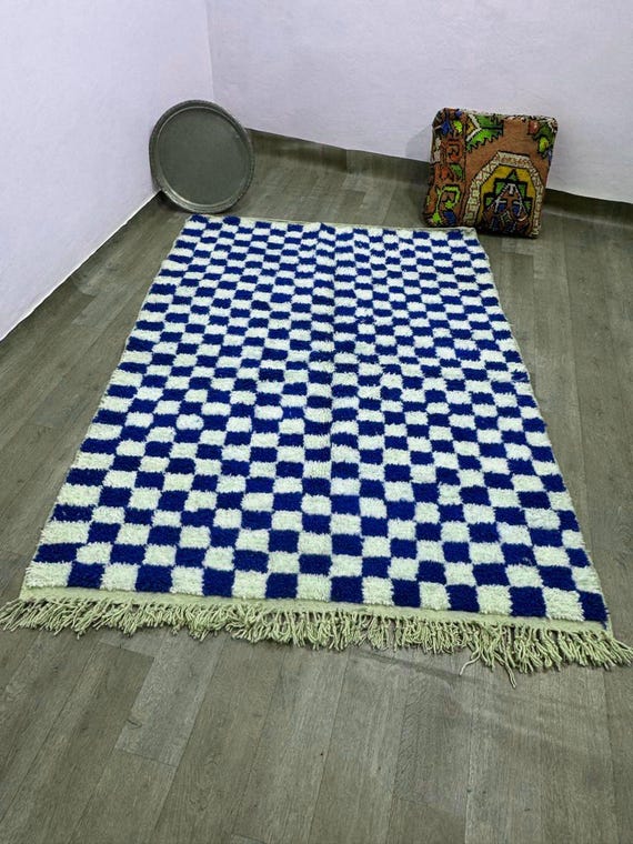 Beni Ourain Rug;Tribal Area Rug;White and Bleu Rug;Moroccan Woven Rug;Beni Ourain Rug;Living Room Decor;Checkered Carpet.