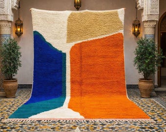 Blue Orange Moroccan Rug – Handmade Wool Berber Carpet. orange rug; rut blue
