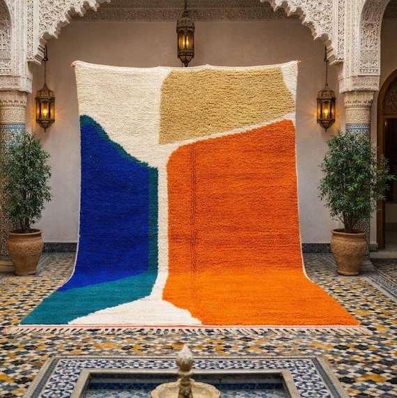 Blue Orange Moroccan Rug – Handmade Wool Berber Carpet. orange rug; rut blue