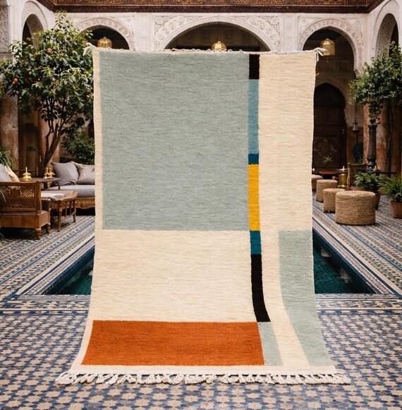 Authentic Moroccan Wool Rug, Minimal Geometric Beni Ourain Carpet in Beige, Sage, and Terracotta for Scandinavian or Boho Interiors; rug