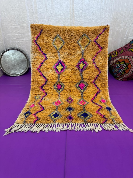 Handwoven Moroccan Berber Rug with Geometric Diamond Patterns in Mustard Yellow, Pink, and Blue – Wool, Traditional Design
