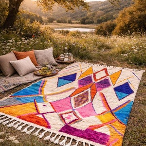 May include: A colorful outdoor rug with a geometric design, featuring vibrant hues of blue, orange, pink, and purple. The rug has a white fringe and is placed on the grass with pillows and a tray of food nearby. The scene is set outdoors.