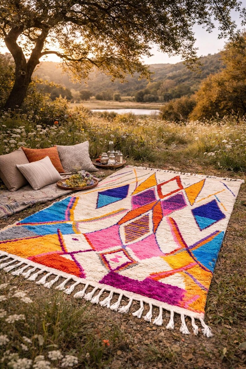 May include: A colorful outdoor rug with a geometric design, featuring vibrant hues of blue, orange, pink, and purple. The rug has a white fringe and is placed on the grass with pillows and a tray of food nearby. The scene is set outdoors.