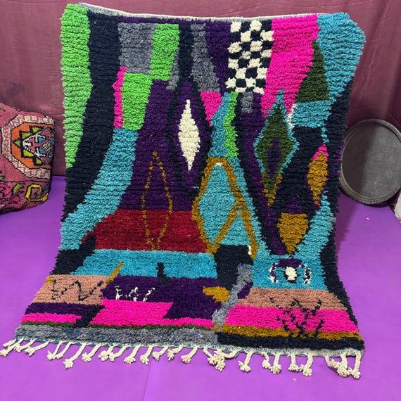 Hand-Knotted Moroccan Berber Rug;Colorful Wool Area Rug