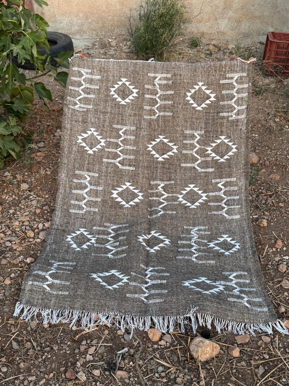 Handwoven Moroccan Rug – Tribal Brown Wool Carpet with White Berber Symbols | Authentic Traditional Design