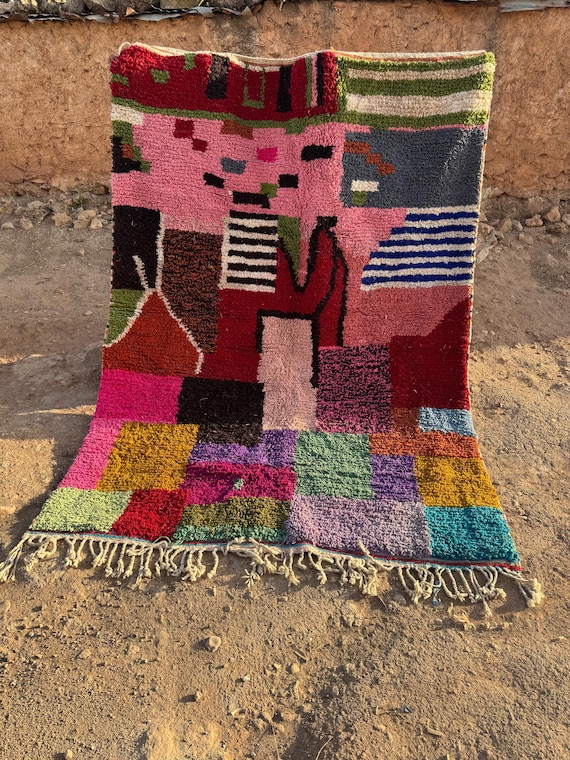 Colorful Moroccan Boucherouite Rug – Handwoven Wool & Cotton Patchwork Design – Boho Decor with Bold Abstract Style