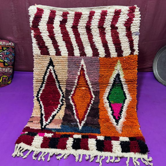 Hand-Knotted Moroccan Berber Rug;Colorful Wool Area Rug