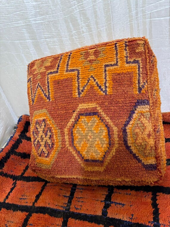 Vintage Moroccan Floor Pouf ;Handwoven Berber Cushion from Boujad Rug ;Boho Tribal Ottoman"