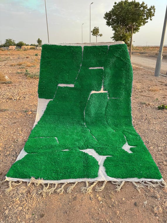 Color Block Moroccan Rug – Handmade Wool Berber Carpet, Green Pink. The carpet is green