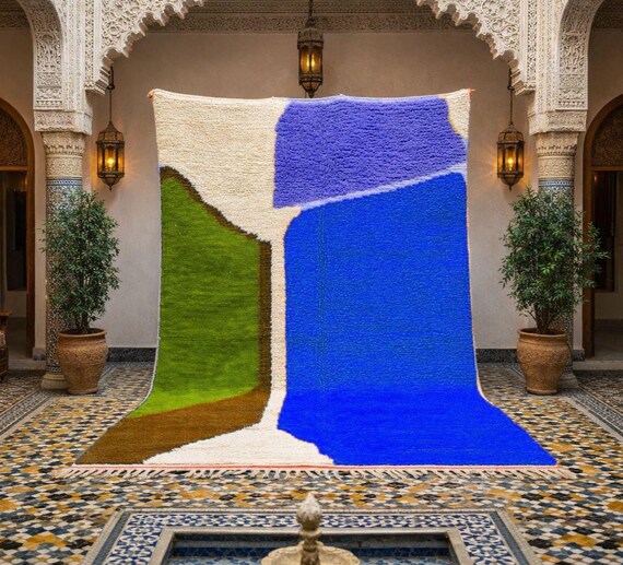 Blue Moroccan Rug: Handmade Wool Berber Carpet. Moroccan rug; unique; hand made