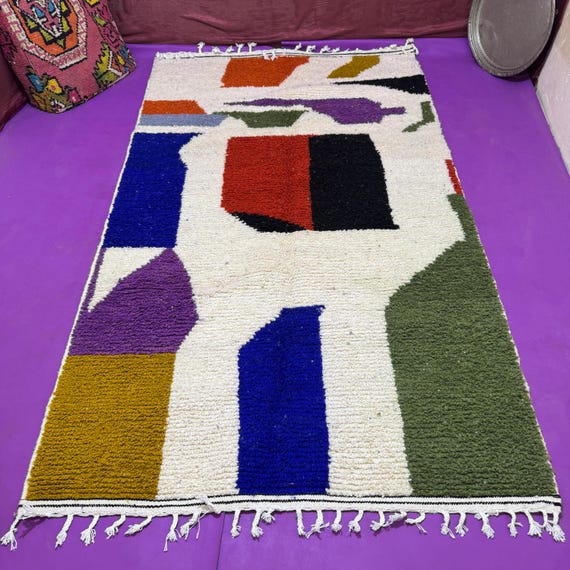 Colorful Berber rug; Handmade Moroccan wool Azilal carpet
