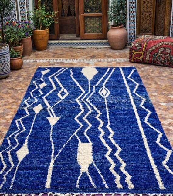 Blue Moroccan Rug | Blue & White Wavy Beni ourain rug | Handmade Striped Area Rug | Custom Berber Wool Rug. Blue