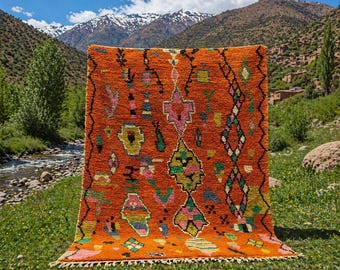 Handwoven Moroccan Oronge Rug, Berber Wool Bedroom Rug, Azilal Large Style 8x10