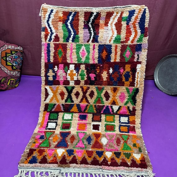 Hand-Knotted Moroccan Berber Rug;Colorful Wool Area Rug