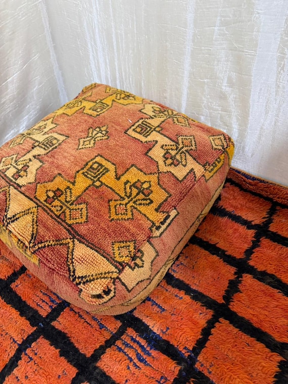 Moroccan Wool Floor Poufs – Red Kilim Cushions, Unfilled Ottoman; roomdecor