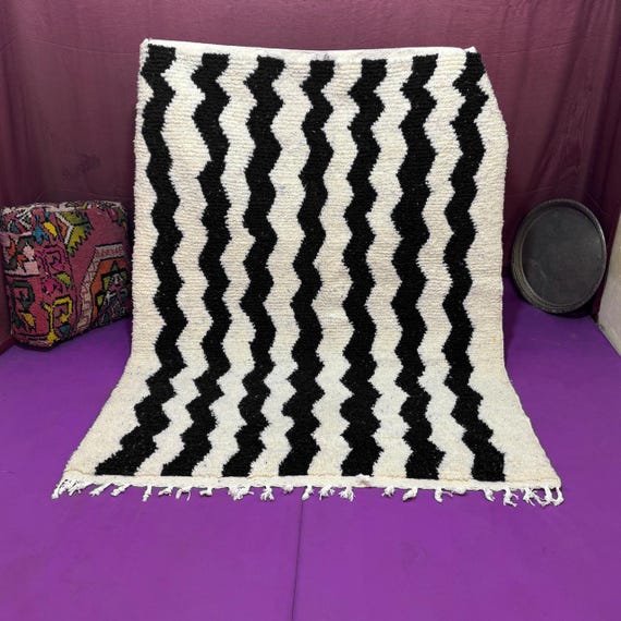 Handmade Black and White Wool Berber Rug;Moroccan Abstract Carpet; rug ; rugs
