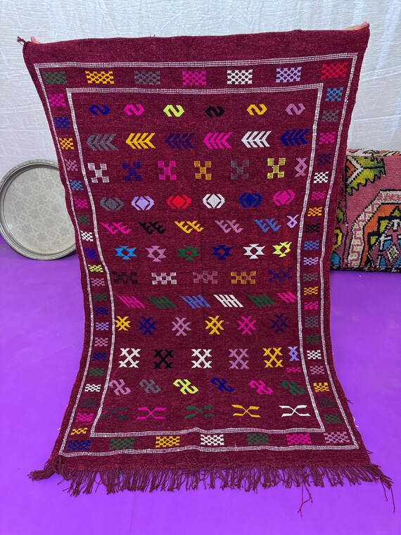 Handwoven Moroccan Kilim Rug – Burgundy Base with Colorful Amazigh Symbols | Tribal Boho Decor