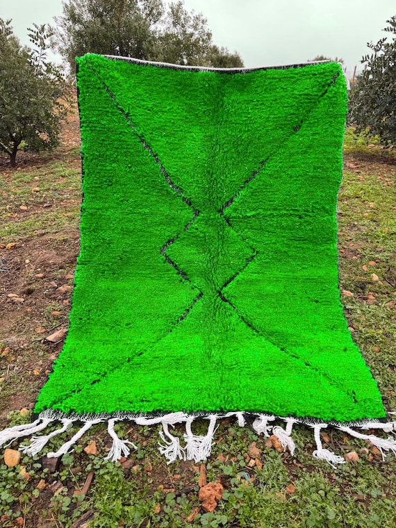 Moroccan Beni Ourain Green Rug;Handmade Wool Berber Carpet;Minimalist Amazigh Design;Boho Home Decor;rugs
