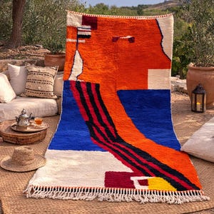 Handgjord orange marockansk matta, specialanpassad Beni Ourain-matta, berberboho-ullmatta, färgglad abstrakt boho-matta, mysig chic blå matta.