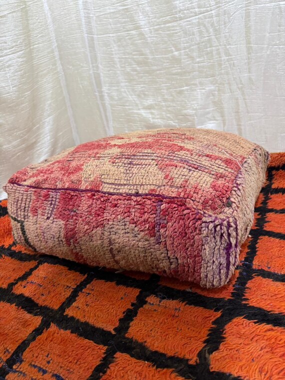 Vintage Moroccan Floor Pouf ;Handwoven Berber Cushion from Boujad Rug ;Boho Tribal Ottoman"