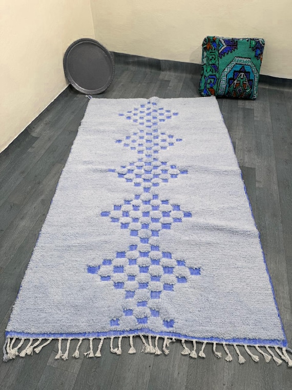 moroccan rug 9x12 ;Tribal Area Rug ;White and Bleu Rug;Moroccan Woven Rug ;Beni Ourain Rug ;Living Room Decor ;Checkered Carpet.