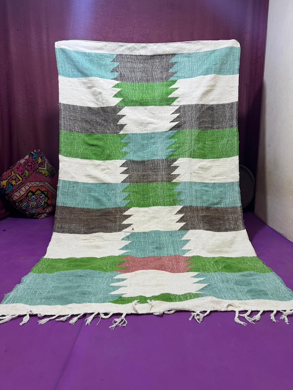 Bohemian Wool Kilim Rug;Hand Woven Flatweave Area Jute Rug