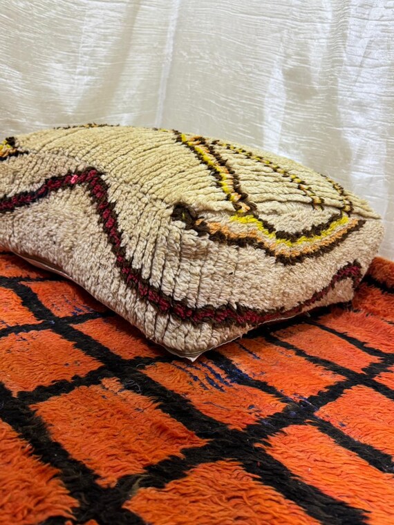 Vintage Moroccan Floor Pouf ;Handwoven Berber Cushion from Boujad Rug ;Boho Tribal Ottoman"