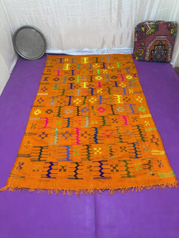 Traditional Orange Amazigh Kilim with Colorful Geometric Patterns